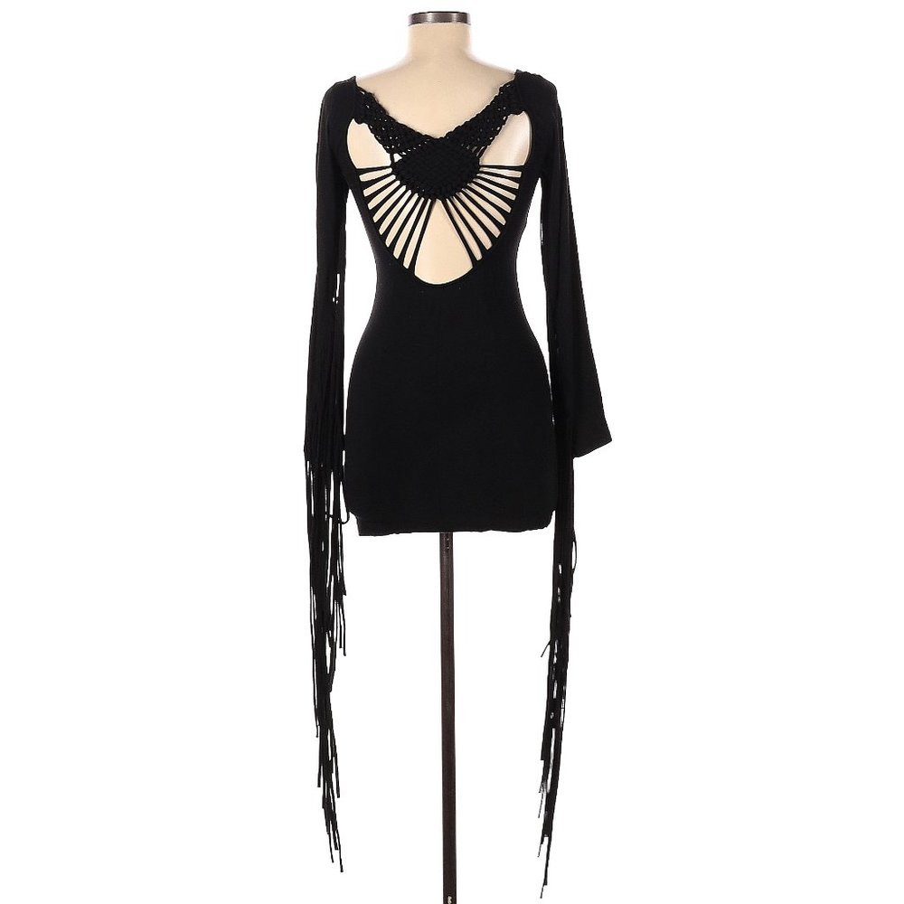 💥HOT ITEM💥 Bodycon Macrame and Fringe Dress in Black - Picture 9 of 14